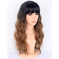 Symeiw Ombre Brown Wavy Wigs With Bangs For Women Medium Long Brown Synthetic Wigs Natural Wavy Black To Brown Wigs Heat Resista