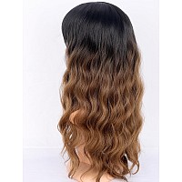 Symeiw Ombre Brown Wavy Wigs With Bangs For Women Medium Long Brown Synthetic Wigs Natural Wavy Black To Brown Wigs Heat Resista