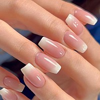 Wafoloze Press On Nails Medium Coffin Fake Nails Glossy False Nails With Pink White Ombre Press Ons Designs Acrylic Nails Press