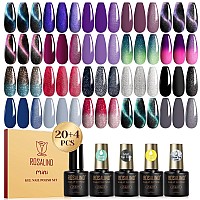 Rosalind 24Pcs Gel Nail Polish Set 20 Colors Cat Eye Color Changing Glitter Gel Polish Set With Base Gel Glossy Matte Glitter T