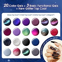 Rosalind 24Pcs Gel Nail Polish Set 20 Colors Cat Eye Color Changing Glitter Gel Polish Set With Base Gel Glossy Matte Glitter T