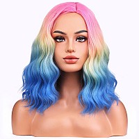 Beron Rainbow Colored Wigs For Women Short Curly Wavy Girls Hair Wigs 14 Inch Ombre Multi Color Synthetic Hair Wigs For Daily Or