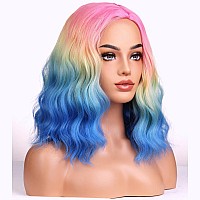 Beron Rainbow Colored Wigs For Women Short Curly Wavy Girls Hair Wigs 14 Inch Ombre Multi Color Synthetic Hair Wigs For Daily Or