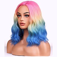 Beron Rainbow Colored Wigs For Women Short Curly Wavy Girls Hair Wigs 14 Inch Ombre Multi Color Synthetic Hair Wigs For Daily Or