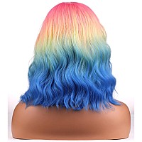 Beron Rainbow Colored Wigs For Women Short Curly Wavy Girls Hair Wigs 14 Inch Ombre Multi Color Synthetic Hair Wigs For Daily Or