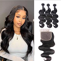 Brazilian Virgin Body Wave Bundles With Closure Three Part Unprocessed Virgin Human Hair Extension Hair Weave Bundles With Lace