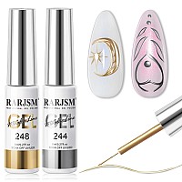 Rarjsm Metallic Gel Liner Nail Art Silver Bronze Gold 2Pcs Set Mirror Chrome 3D Effect Gel Nail Polish 8Ml Build In Thin Brush M