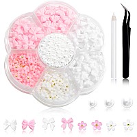 600Pcs Bow Nail Charms And Flatback Pearls White Pink Bowknot 3D Cute Nail Charms Acrylic Flower For Nail Supplies Design White