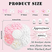 600Pcs Bow Nail Charms And Flatback Pearls White Pink Bowknot 3D Cute Nail Charms Acrylic Flower For Nail Supplies Design White