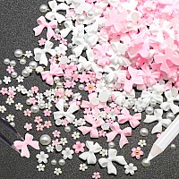 600Pcs Bow Nail Charms And Flatback Pearls White Pink Bowknot 3D Cute Nail Charms Acrylic Flower For Nail Supplies Design White