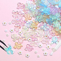 300Pcs Bow Nail Charms And Flowers Nail Charmsaurora Bowknot 3D Cute Acrylic Nail Charms For Nail Supplies Designwhite Flower