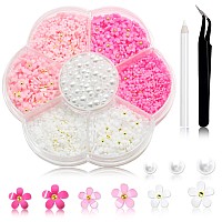 600Pcs 3D Flowers Nail Charms And Flatback Pearls Pink White Acrylic Flower For Nail Decoration Design Gold Beads White Half Pea