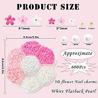 600Pcs 3D Flowers Nail Charms And Flatback Pearls Pink White Acrylic Flower For Nail Decoration Design Gold Beads White Half Pea