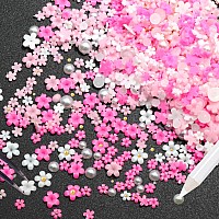 600Pcs 3D Flowers Nail Charms And Flatback Pearls Pink White Acrylic Flower For Nail Decoration Design Gold Beads White Half Pea