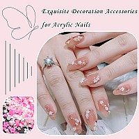 600Pcs 3D Flowers Nail Charms And Flatback Pearls Pink White Acrylic Flower For Nail Decoration Design Gold Beads White Half Pea