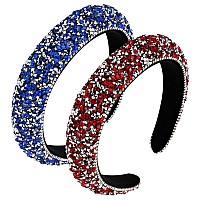 Wecoe 2Pcs Rhinestone Headbands Women Blue Red Diamond Padded Headband Bling Sparkly Glitter Beaded Jeweled Headbands Fashion Fa