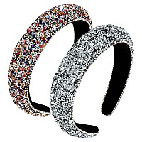 Wecoe 2Pcs Rhinestone Headbands Women Silver Colorful Diamond Padded Headband Bling Sparkly Glitter Beaded Jeweled Headbands Fas