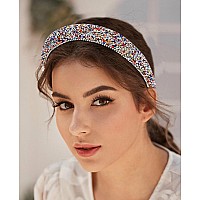 Wecoe 2Pcs Rhinestone Headbands Women Silver Colorful Diamond Padded Headband Bling Sparkly Glitter Beaded Jeweled Headbands Fas