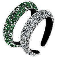 Wecoe 2Pcs Rhinestone Headbands Women Silver Green Diamond Padded Headband Bling Sparkly Glitter Beaded Jeweled Headbands Fashio