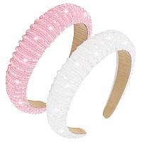 Wecoe White Pink Rhinestone Headbands 2Pcs Fashion Cute Bling Sparkly Diamond Padded Thick Puffy Hair Bands For Women Girls