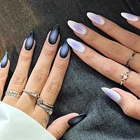 Glamermaid Black White Ombre Press On Nails Medium Almond Purple Aurora Fake Crush Nail Glossy Gel Glue On Nails Short Oval St