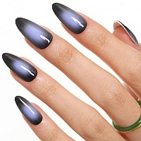 Glamermaid Black White Ombre Press On Nails Medium Almond Purple Aurora Fake Crush Nail Glossy Gel Glue On Nails Short Oval St