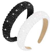 Wecoe 2Pcs White Black Rhinestone Headbands Women Girls Crystal Beaded Headband Fashion Cute Bling Sparkly Diamond Padded Thick