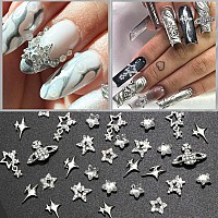 Rodaky 30Pcs Star Nail Charms Silver 3D Planet Nail Art Charms Rhinestone Shiny Starlight Nail Jewelry Gems Y2K Charms For Acryl