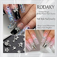 Rodaky 30Pcs Star Nail Charms Silver 3D Planet Nail Art Charms Rhinestone Shiny Starlight Nail Jewelry Gems Y2K Charms For Acryl