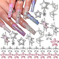 Rodaky 30Pcs Star Nail Charms 3D Silver Nail Art Jewelry Pink Star Nail Rhinestones Gems Y2K Style Nail Decoration For Manicure