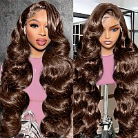 Mrigwoth 32 Inch Chocolate Brown Lace Front Wigs Human Hair Pre Plucked Brown Wig Human Hair Body Wave 4 Colored 13X6 Body Wave