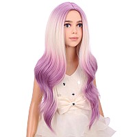 Pattnium Blonde Ombre Purple Wig Kids Child Wig Long Curly Wavy Light Purple Wig Blonde To Purple Wig Middle Part Girls Wig Heat