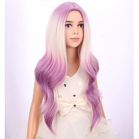 Pattnium Blonde Ombre Purple Wig Kids Child Wig Long Curly Wavy Light Purple Wig Blonde To Purple Wig Middle Part Girls Wig Heat