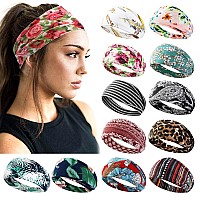 Aktvshow 12 Pack Boho Headbands Wide Nonslip Elastic Headbands Trendy Hair Accessories For Womens Yoga Workout And Fashio