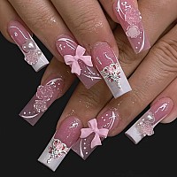 Babalal French Tip Press On Nails Long Square Fake Nails White Glue On Nails Pink Cute Heart 3D Flower Acrylic Nails 24Pcs Stick