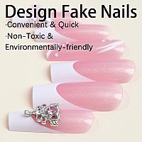 Babalal French Tip Press On Nails Long Square Fake Nails White Glue On Nails Pink Cute Heart 3D Flower Acrylic Nails 24Pcs Stick