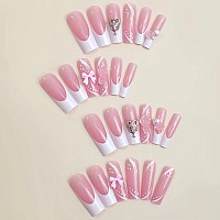 Babalal French Tip Press On Nails Long Square Fake Nails White Glue On Nails Pink Cute Heart 3D Flower Acrylic Nails 24Pcs Stick