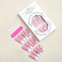 Babalal French Tip Press On Nails Long Square Fake Nails White Glue On Nails Pink Cute Heart 3D Flower Acrylic Nails 24Pcs Stick