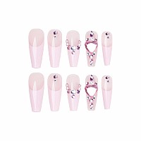 Babalal Pink Press On Nails Long Coffin Fake Nails French Tip Glue On Nails 3D Heart Acrylic Nails 24Pcs Love Ballerina Manicure