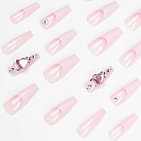 Babalal Pink Press On Nails Long Coffin Fake Nails French Tip Glue On Nails 3D Heart Acrylic Nails 24Pcs Love Ballerina Manicure