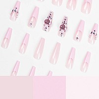 Babalal Pink Press On Nails Long Coffin Fake Nails French Tip Glue On Nails 3D Heart Acrylic Nails 24Pcs Love Ballerina Manicure