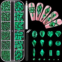 1560Pcs Emerald Green Glass Nail Rhinestones 60Pcs Multi Shapes Flatback Gems Crystal 1500Pcs 154Mm Round Beads Manicure Di