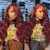 Fascara 99J Burgundy 28Inch Body Wave Lace Front Wig For Women 13X4 Transparent Lace Front Human Hair Wigs Pre Plucked With Baby