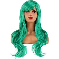 Beron Green Wigs Long Curly Wavy Women Wigs With Bangs Colored Wave Heat Resistant Synthetic Wigs For Cosplay Daily Wigs Wig Cap