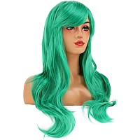 Beron Green Wigs Long Curly Wavy Women Wigs With Bangs Colored Wave Heat Resistant Synthetic Wigs For Cosplay Daily Wigs Wig Cap