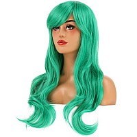 Beron Green Wigs Long Curly Wavy Women Wigs With Bangs Colored Wave Heat Resistant Synthetic Wigs For Cosplay Daily Wigs Wig Cap