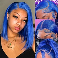 Huiwanyan Blue Human Hair Wig Glueless Bob Wig Human Hair 13X4 Hd Lace Front Wigs Human Hair Pre Plucked Blue Wigs For Black Wom