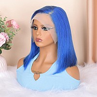 Huiwanyan Blue Human Hair Wig Glueless Bob Wig Human Hair 13X4 Hd Lace Front Wigs Human Hair Pre Plucked Blue Wigs For Black Wom