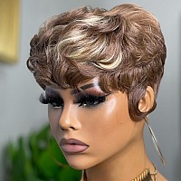 Qiaqiaring Pixie Cut Wig Human Hair Wigs For Women Short Wig For Black Woman 4613 Blonde Color Short Layered Culry Wavy Pixie W