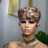 Qiaqiaring Pixie Cut Wig Human Hair Wigs For Women Short Wig For Black Woman 4613 Blonde Color Short Layered Culry Wavy Pixie W